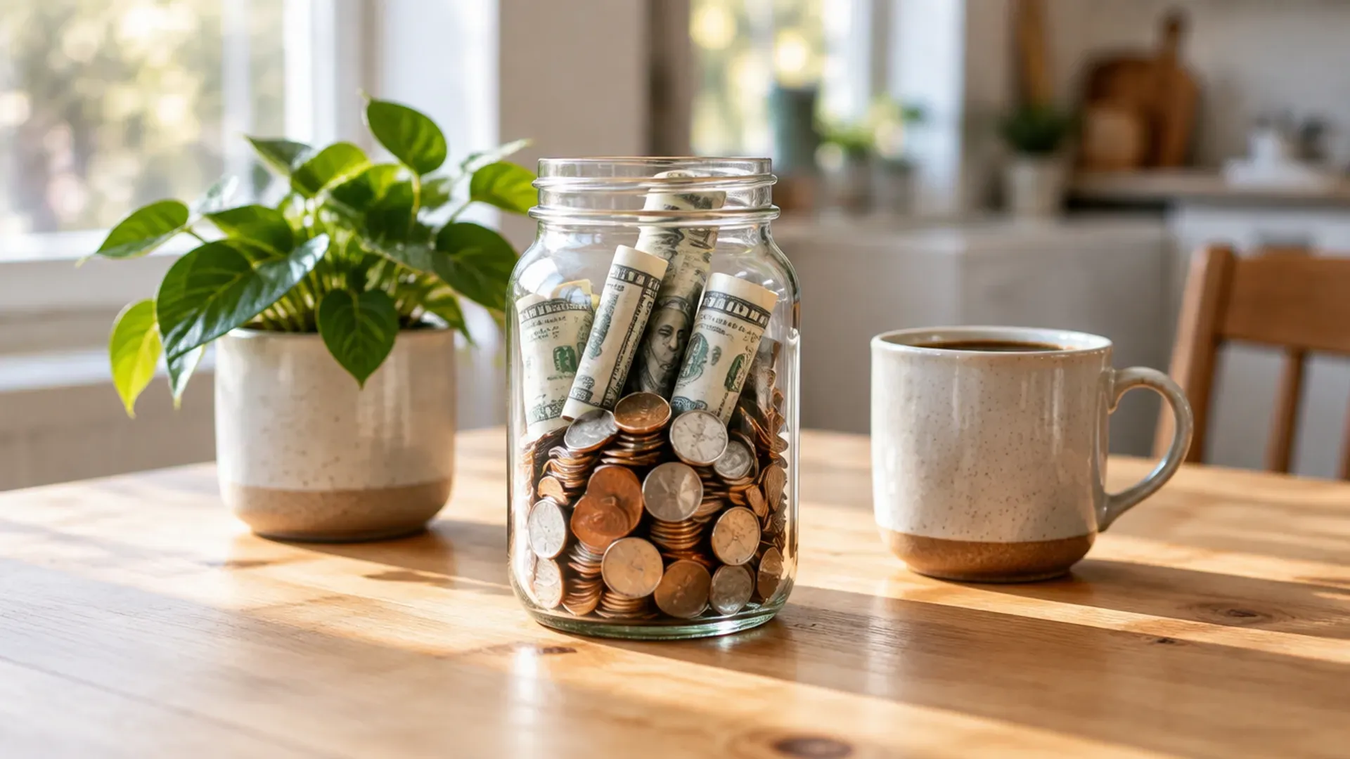 Glass jar filled with coins and rolled dollar bills on a wooden table beside a small potted plant and a coffee mug in morning light