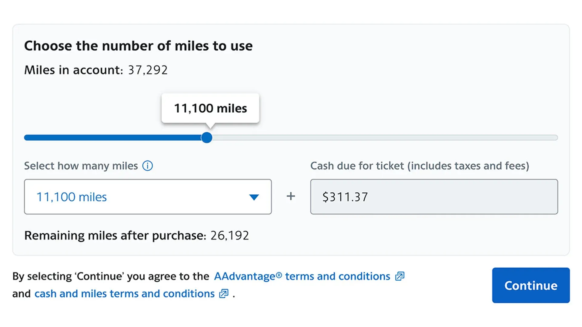 Cash and miles selection screen on aa.com, with a slider to split the fare between AAdvantage miles and cash
