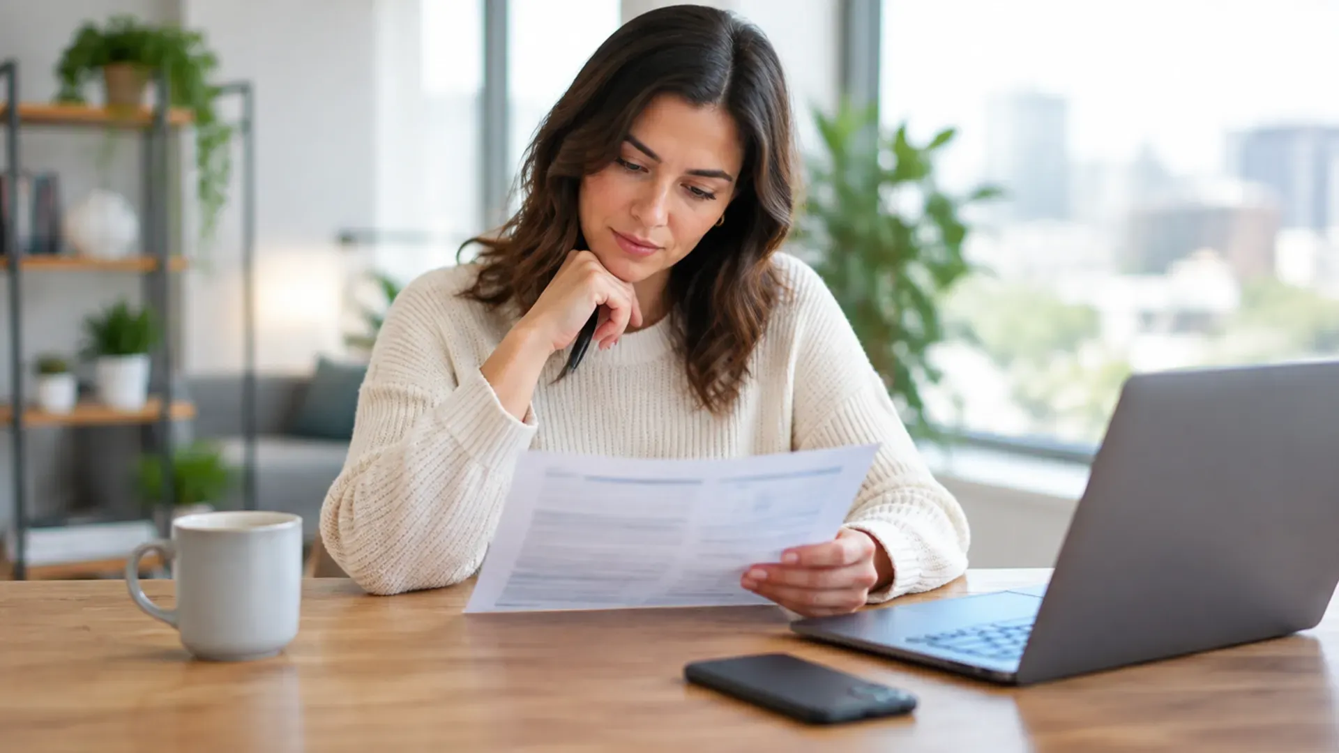 Small business owner at a wooden desk reviewing a printed statement beside a laptop and a coffee mug in a bright office