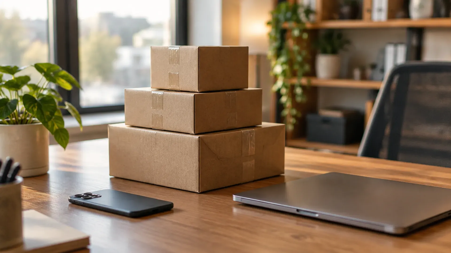 Plain cardboard shipping boxes stacked on an office desk beside a face-down smartphone and a closed laptop in natural window light