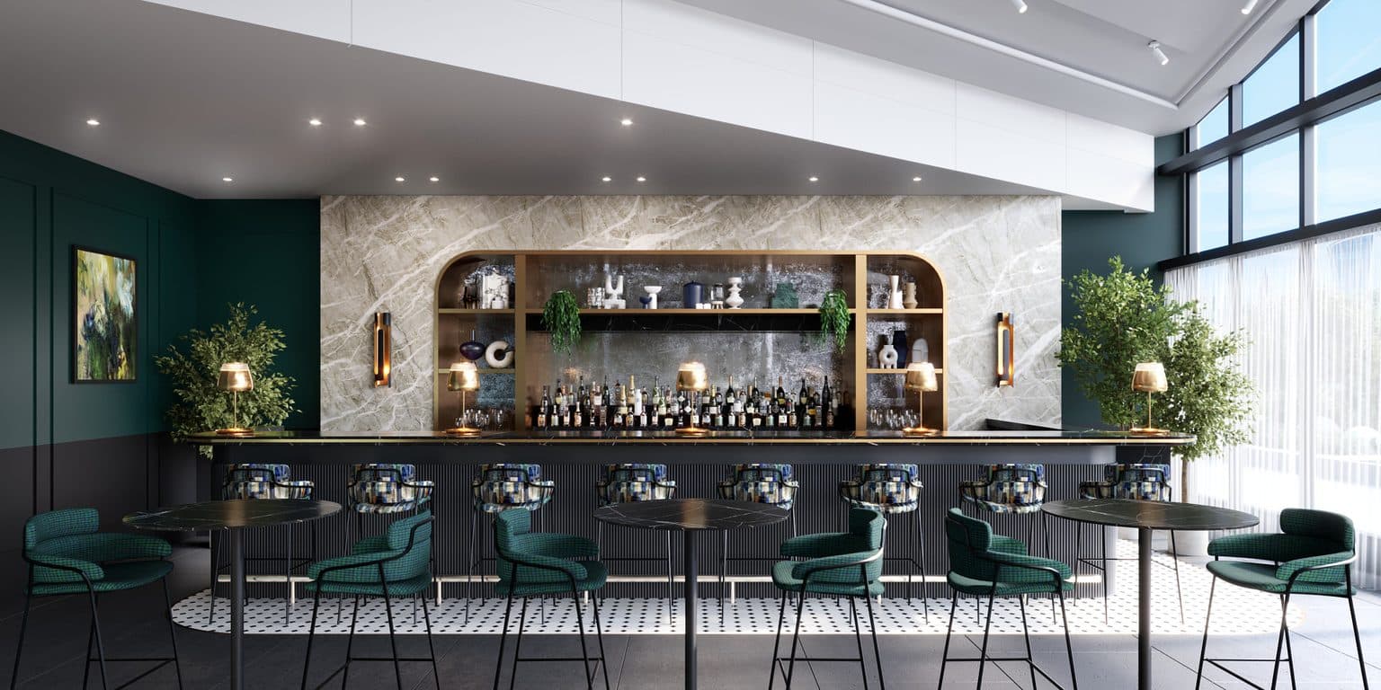 Airport lounge bar with a long dark counter, patterned bar stools and green armchairs at round black tables, set against a marble wall lined with bottles and next to floor-to-ceiling windows.