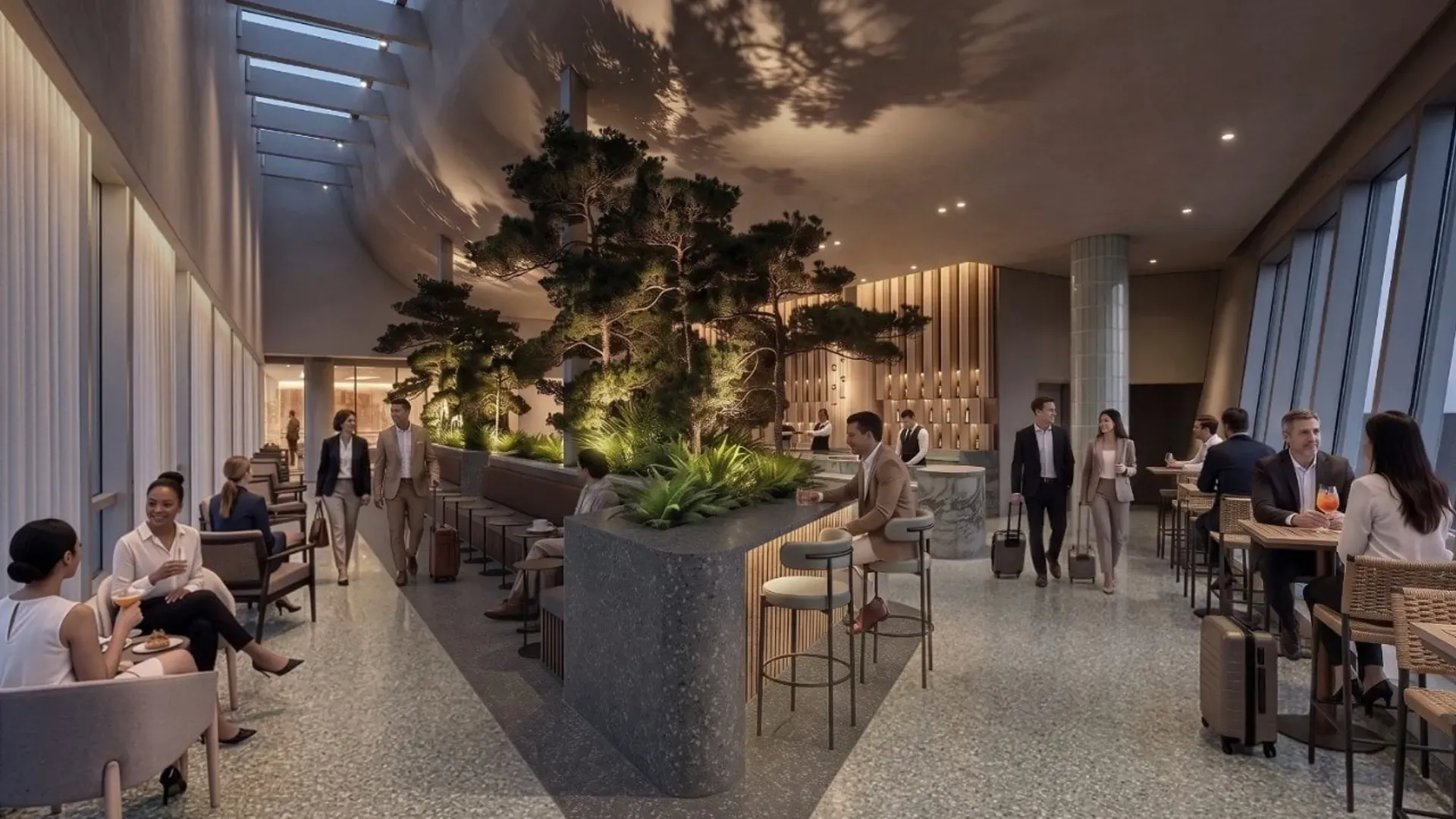 Rendu architectural du Terrace Bar prévu au salon Centurion d'Amex, au terminal A de l'aéroport de Newark