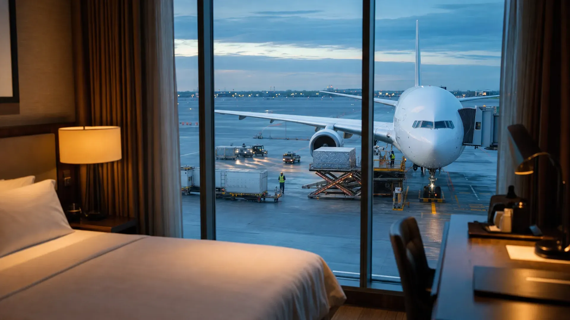 Modern hotel room with a made bed and large windows letting in natural light