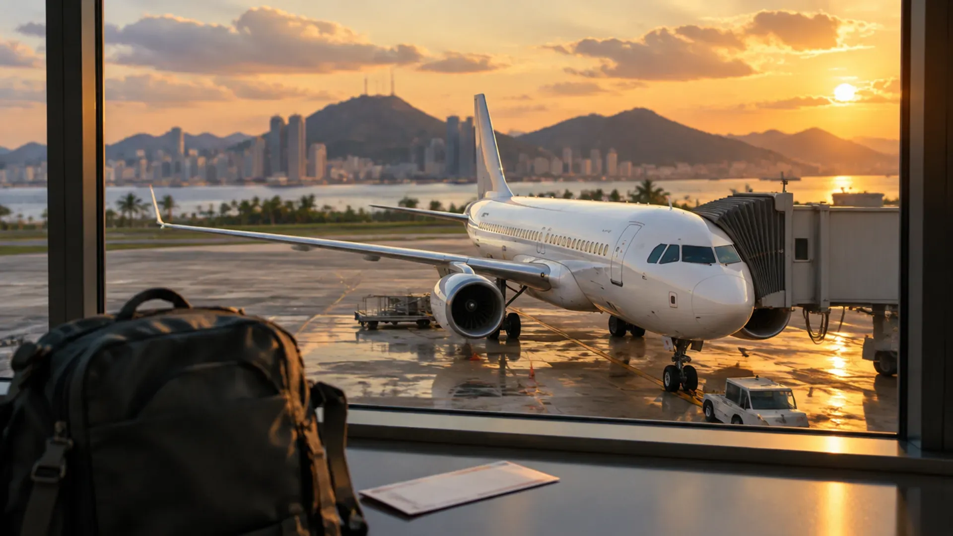 A white passenger jet parked at an airport gate at golden hour, seen through a terminal window with a backpack on the ledge and green hills on the horizon