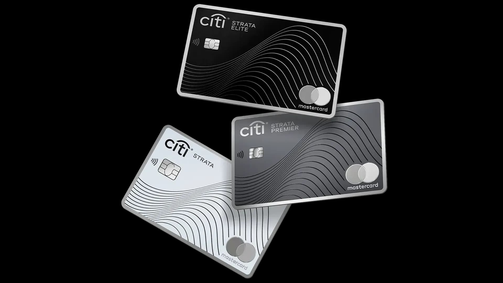 The three Citi Strata credit cards, Strata Elite, Strata Premier and Strata, fanned out side by side