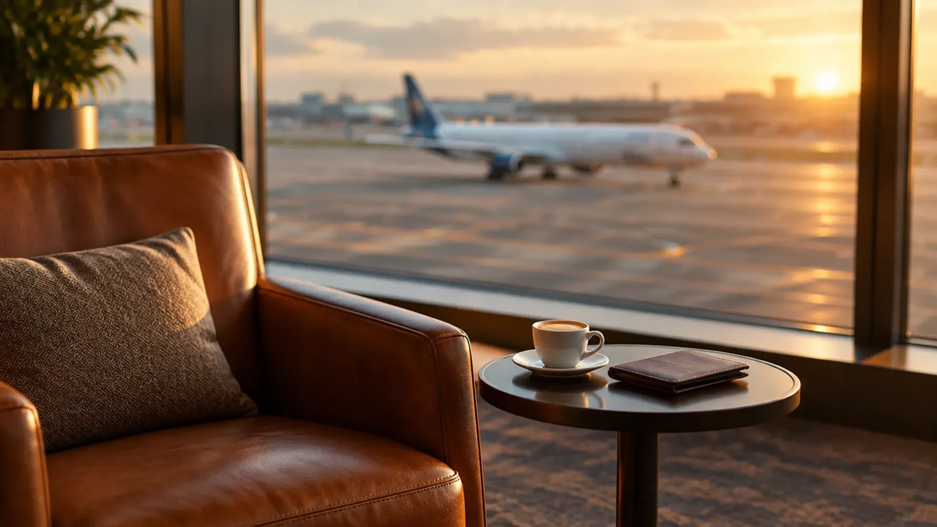 Leather armchair by a large window in a quiet airport lounge, with an espresso cup and a passport holder on a side table and an airliner taxiing outside