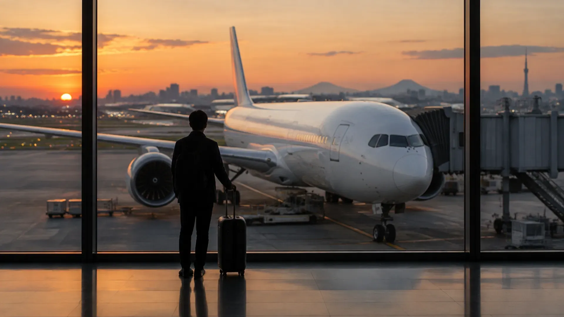 A traveler with a carry-on suitcase stands at a terminal window watching a white wide-body jet parked at the gate at dusk