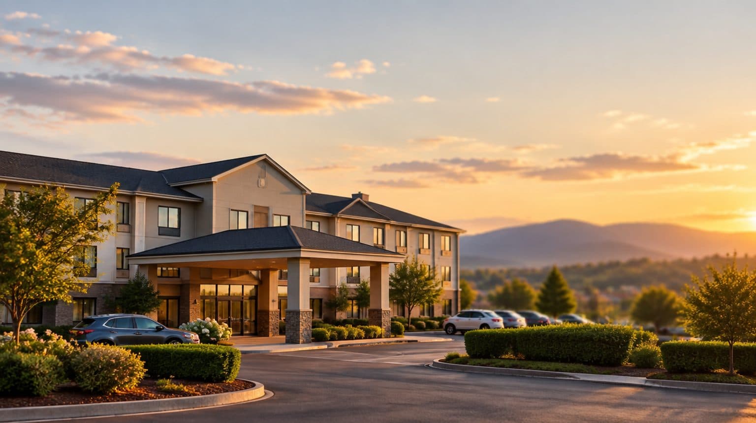 Exterior of a mid-scale American roadside hotel at golden hour, with a landscaped entrance driveway and a few parked cars in the foreground