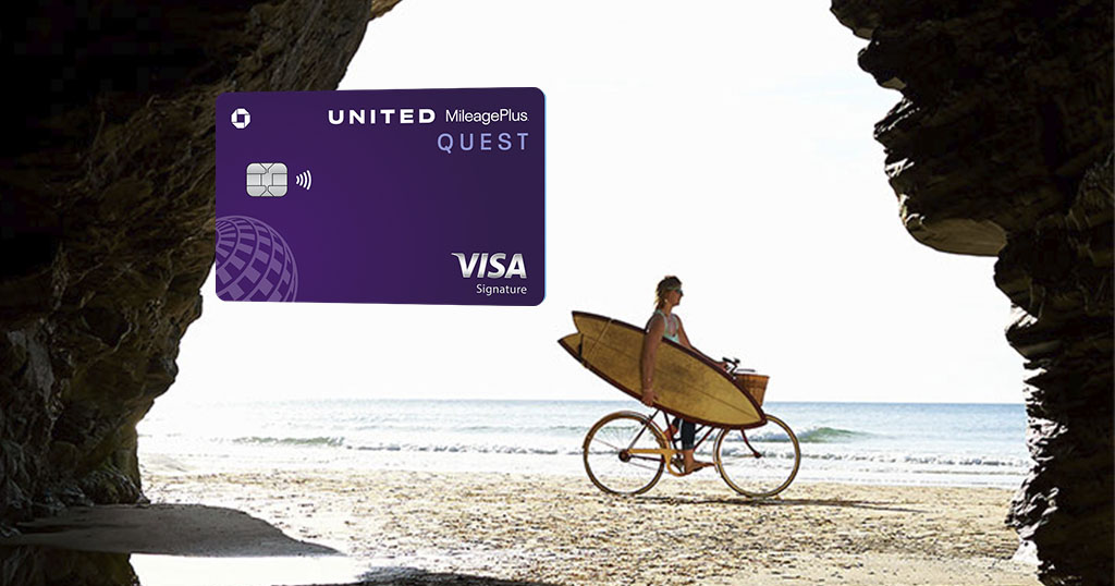 A United Quest Card with a person riding a bike along the beach, carrying a surfboard