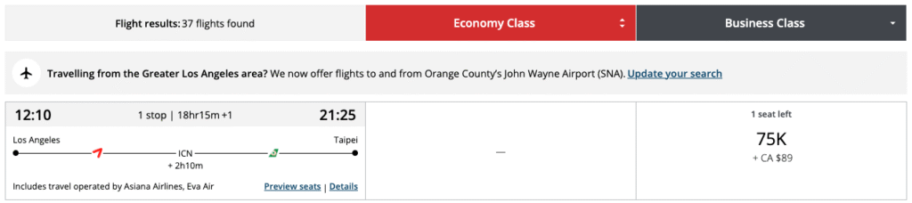 Aeroplan Los Angeles to Taipei
