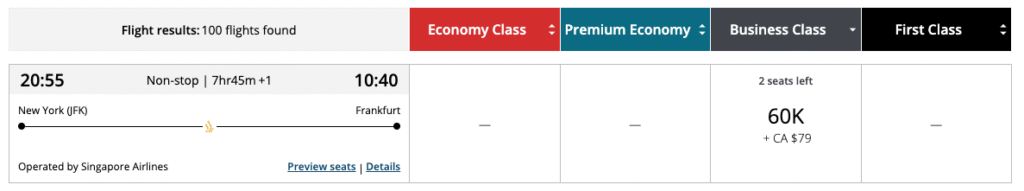 Aeroplan New York JFK to Frankfurt