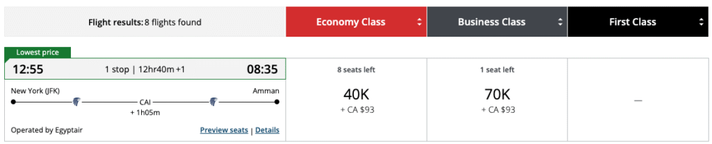 Aeroplan New York to Amman