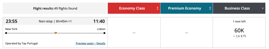 Aeroplan Newark to Lisbon