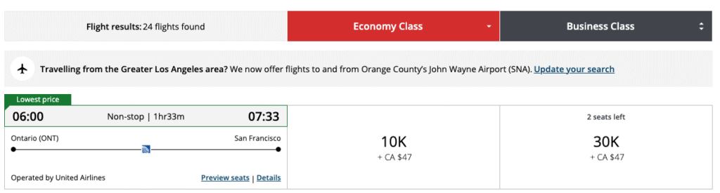 Aeroplan Ontario to San Francisco