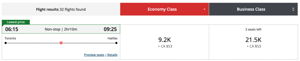 Aeroplan Toronto to Halifax