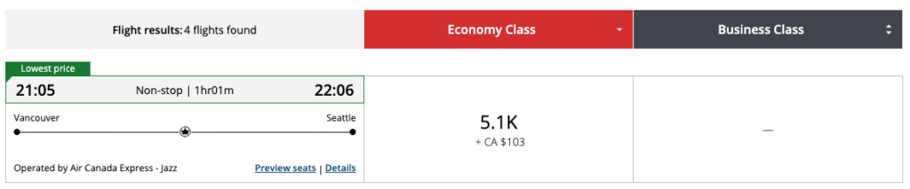 Aeroplan Vancouver to Seattle