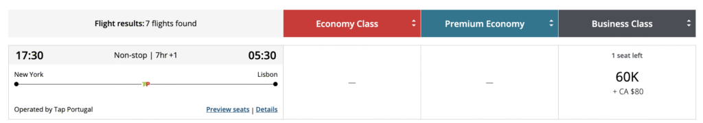 Aeroplan Business Class Sweetspots USA – Europe