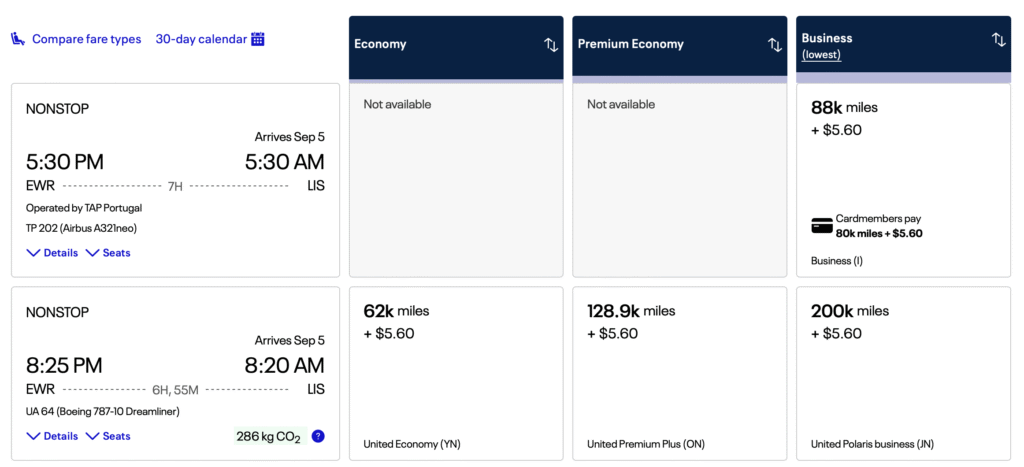 Aeroplan Business Class Sweetspots USA – Europe UA