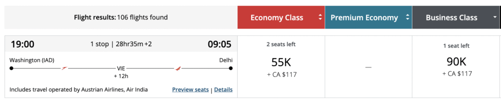 Aeroplan Business Class Sweetspots USA – India