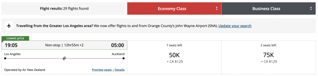 Aeroplan Business Class Sweetspots USA – Oceania