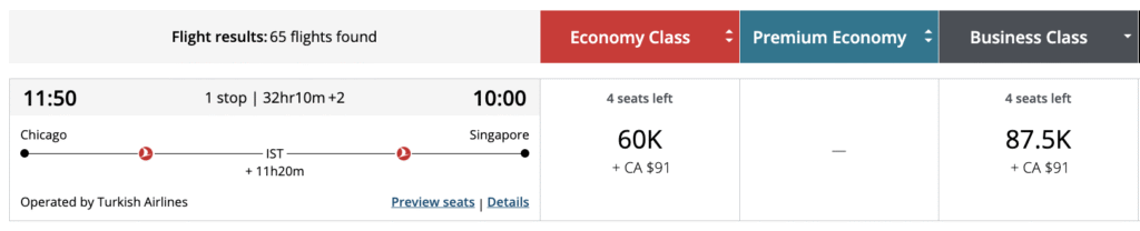 Aeroplan Business Class Sweetspots USA – South East Asia