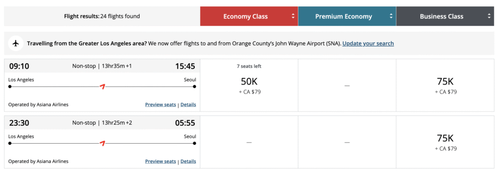 Aeroplan Business Class Sweetspots USA – South Korea