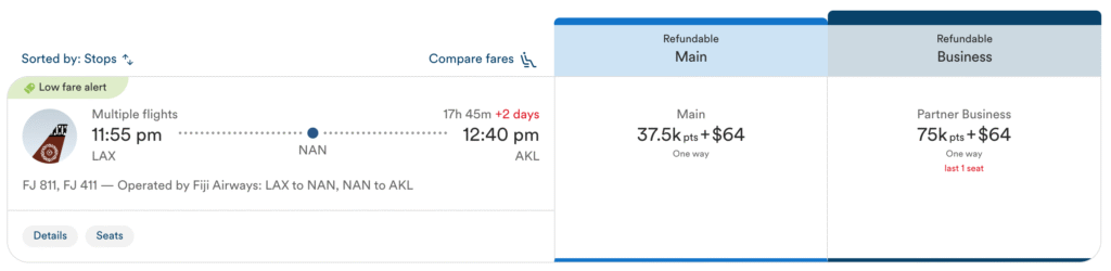 Atmos Rewards – fiji airways business class redemption lax to akl