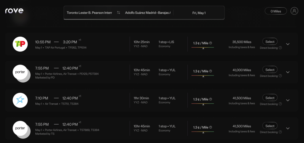 Rove Miles – flight redemption search results