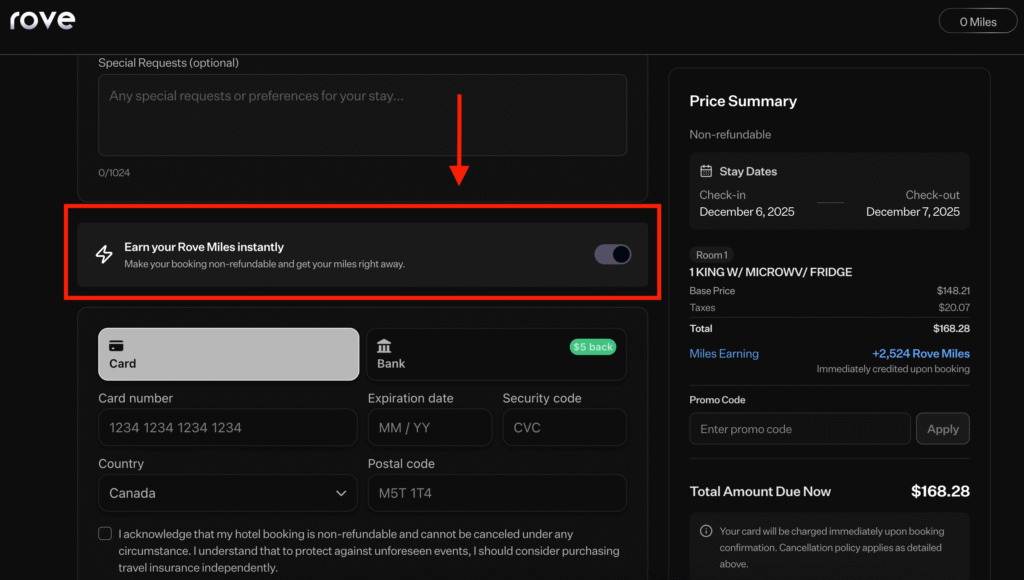 Rove Miles – non-refundable hotel bookings