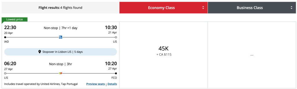 Aeroplan Stopovers – Washington to Rome via Lisbon