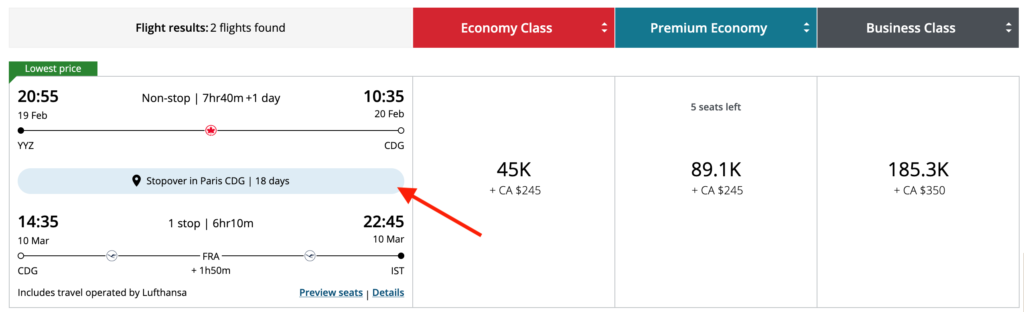 Aeroplan Stopovers – how to book search results