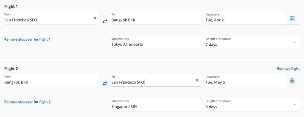 Aeroplan Stopovers – round-trip to Asia search