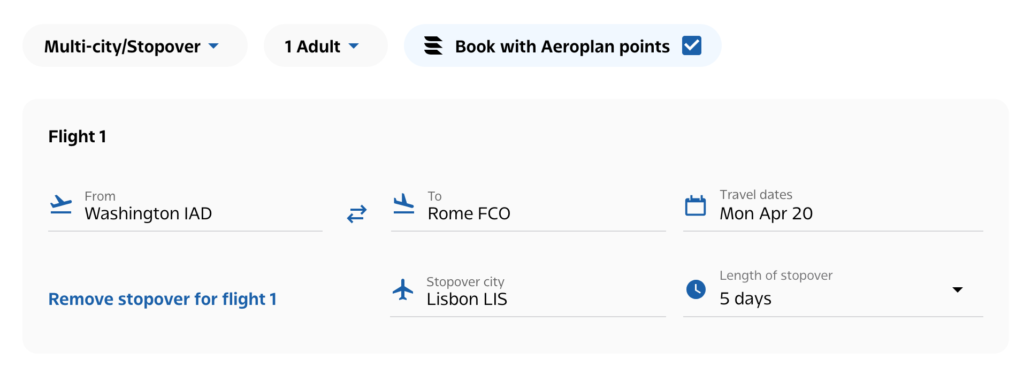 Aeroplan Stopovers – search page Washington to Rome