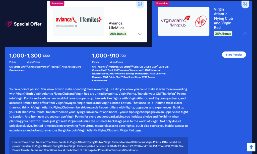Citi ThankYou Transfer Bonus to Virgin Atlantic April 2026