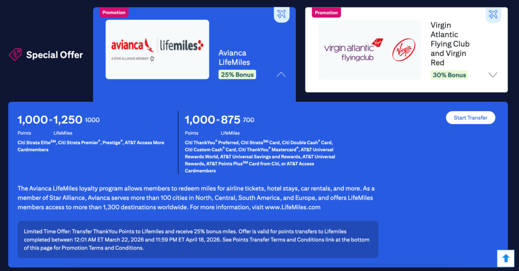 Citi ThankYou to Avianca Transfer Bonus April 2026
