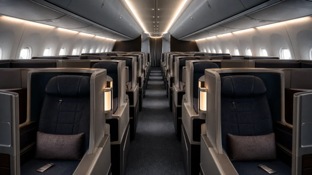 Empty business class airplane cabin with lie-flat seats, representing Delta Basic Business