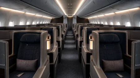 Empty business class airplane cabin with lie-flat seats, representing Delta Basic Business