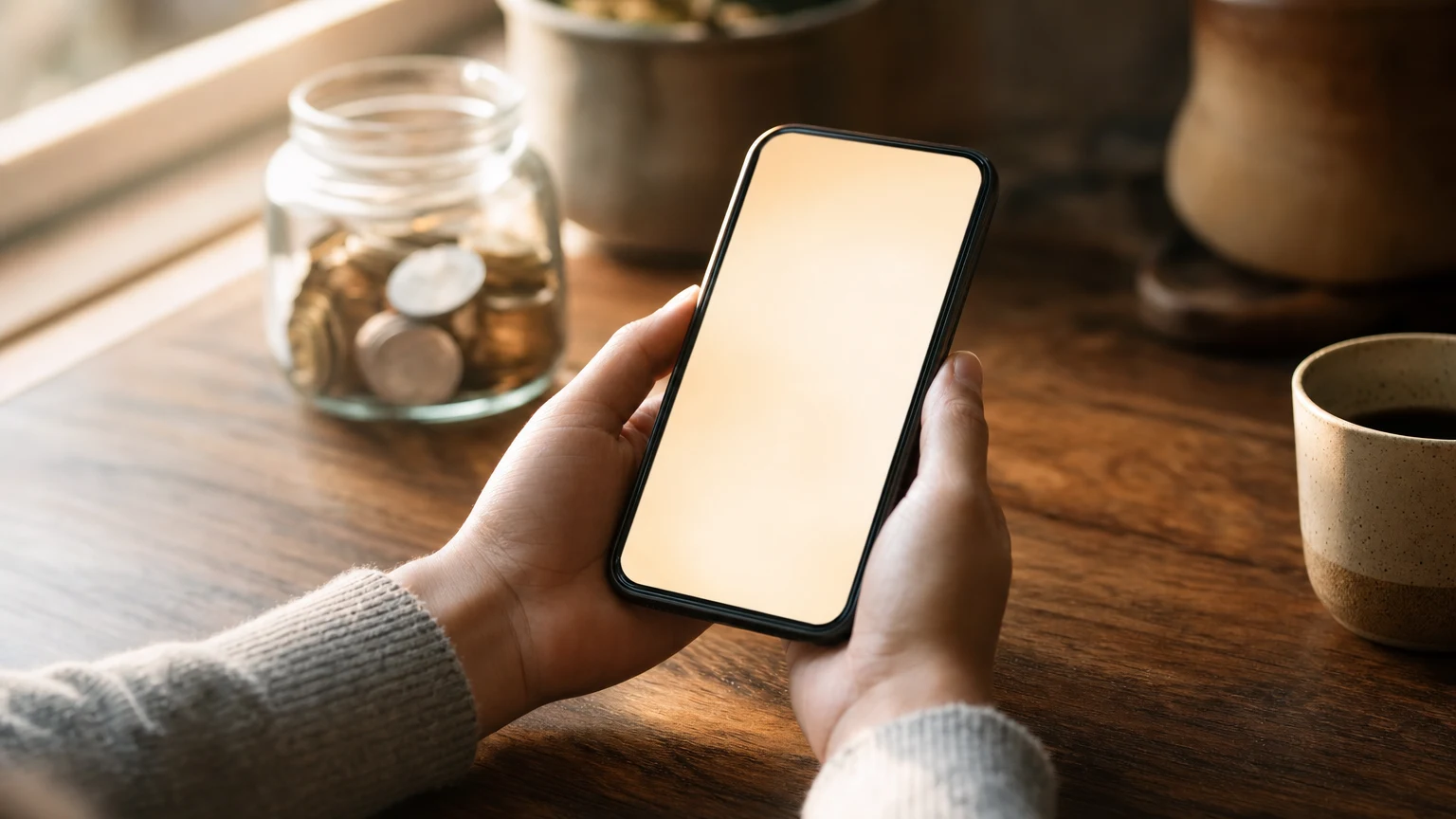 Hands holding a smartphone above a wooden desk next to a glass jar of coins and a coffee cup