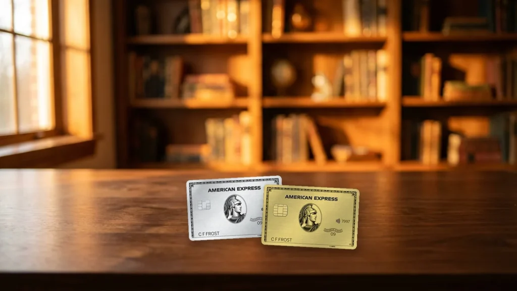 The Platinum Card and American Express Gold Card on a walnut desk in a warm study