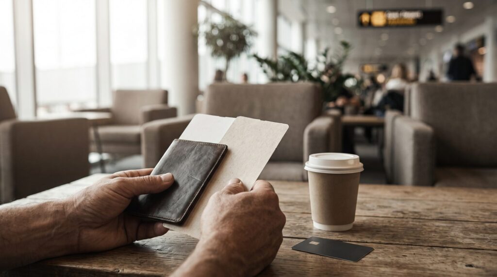 Traveler holding a passport and boarding pass beside a credit card in an airport lounge