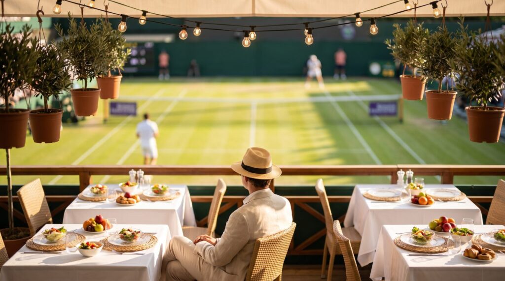 Open-air dining terrace overlooking a tennis court at the US Open