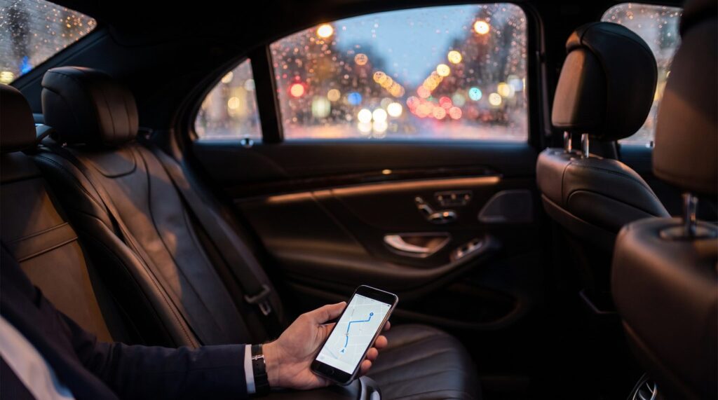 Passenger holding a phone with a map screen inside a black chauffeur sedan