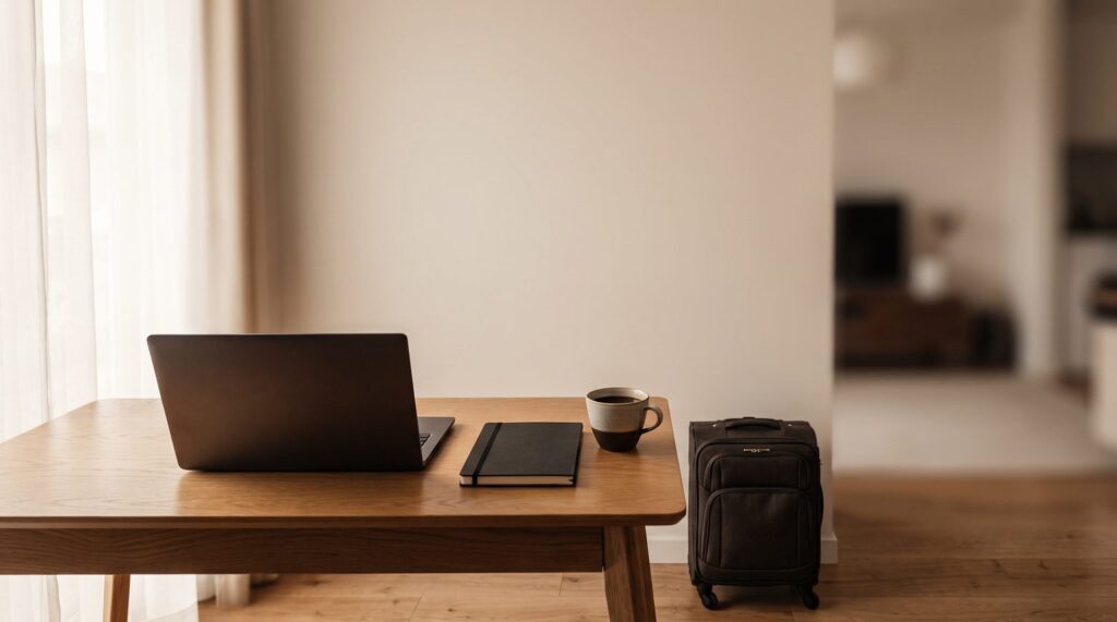 Small business desk with a laptop, notebook, coffee and a carry-on suitcase ready for a business trip
