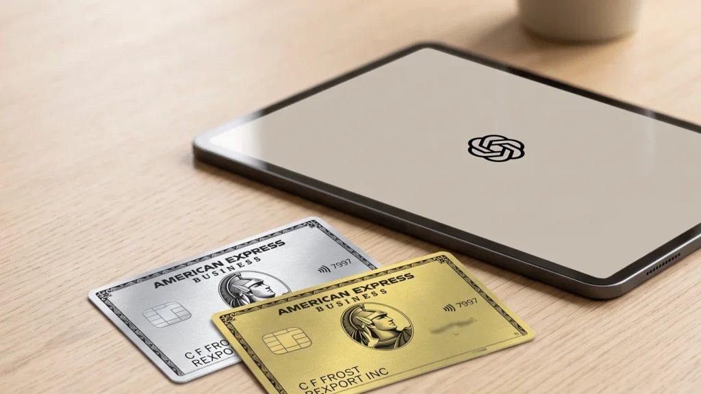 Tablet showing the ChatGPT logo next to the Amex Business Platinum and Business Gold Cards on a desk