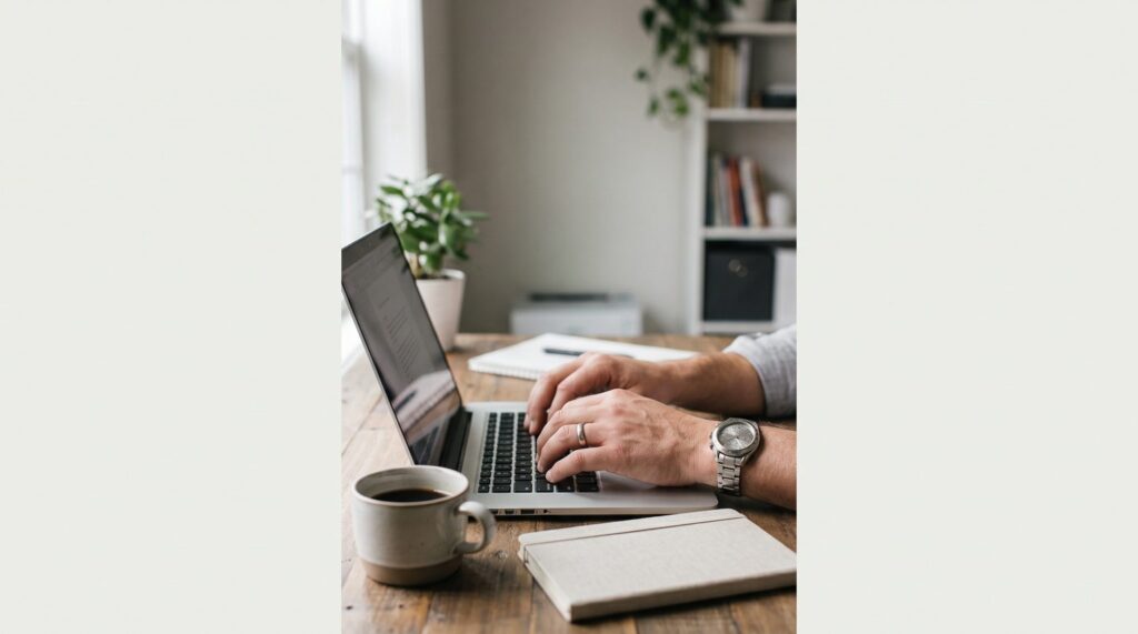Small business owner typing on a laptop at a desk with a cup of coffee