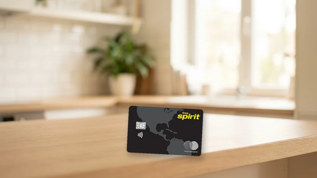 Free Spirit Travel More World Elite Mastercard standing on a kitchen counter in morning light