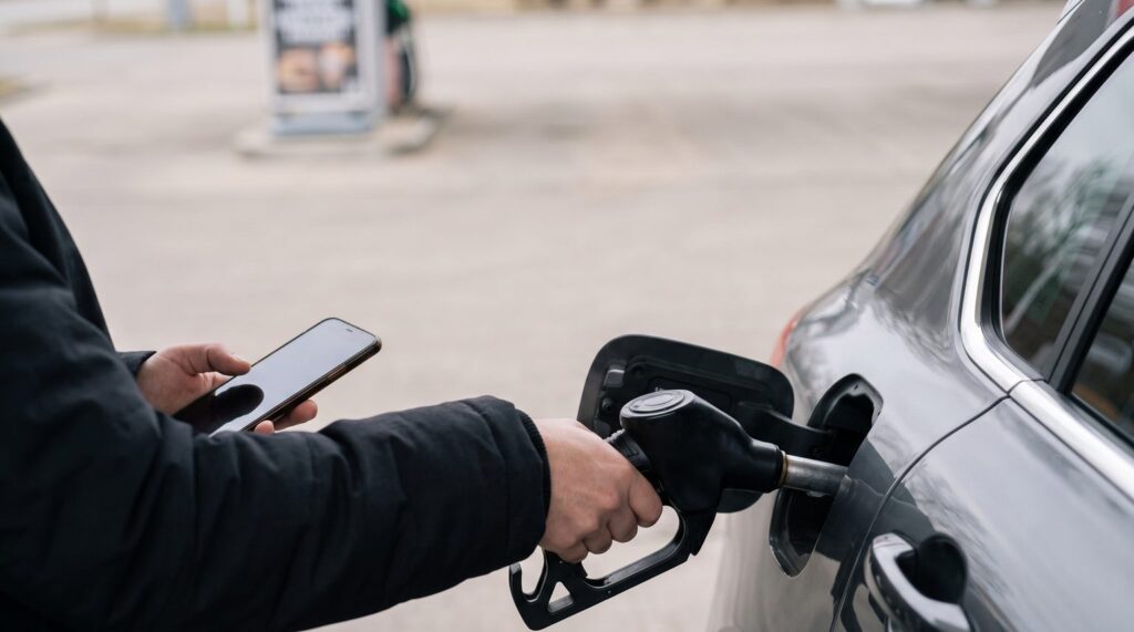 Hand holding a fuel nozzle at a gas station while checking a phone