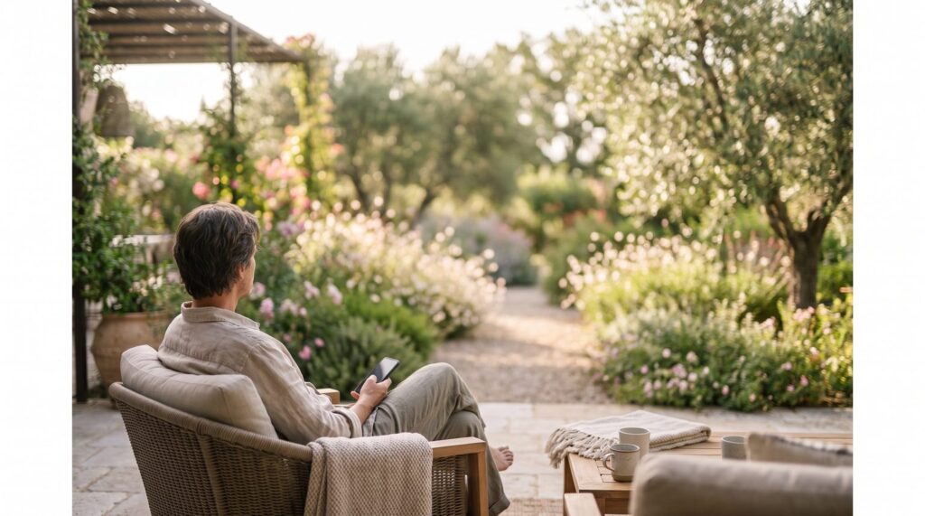 Voyageur qui se detend sur la terrasse d'une location de vacances