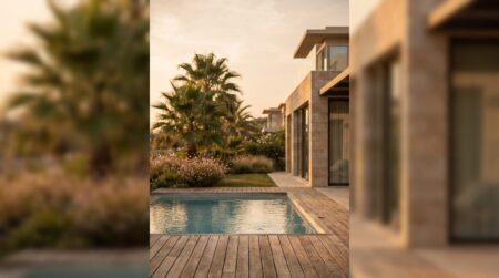 Vacation rental villa with private pool at golden hour