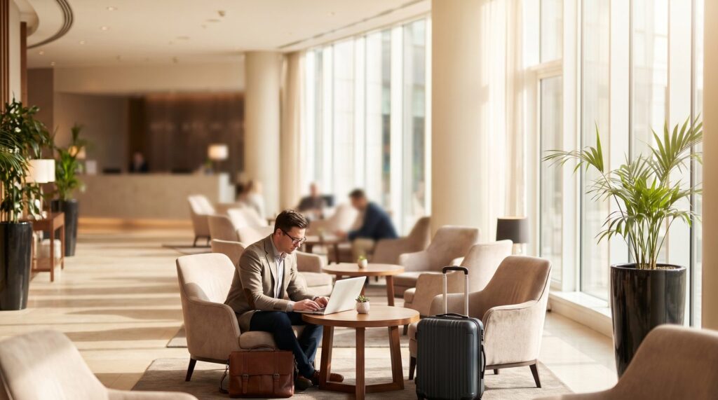 Business traveler working on a laptop in a hotel lobby lounge